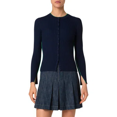 AKRIS PUNTO AKRIS PUNTO CONTRAST TRIM VIRGIN MERINO WOOL RIB CARDIGAN