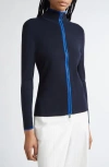 Akris Punto Contrast Trim Virgin Merino Wool Zip Front Cardigan In Blue