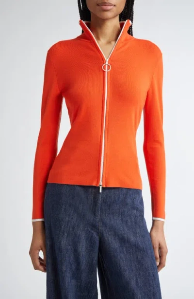 Akris Punto Contrast Trim Virgin Merino Wool Zip Front Cardigan In Orange