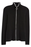 Akris Punto Contrast Trim Virgin Merino Wool Zip Front Cardigan In Black Cream