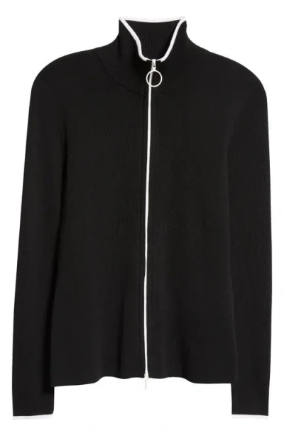 Akris Punto Contrast Trim Virgin Merino Wool Zip Front Cardigan In Black Cream
