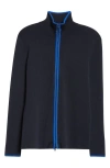 Akris Punto Contrast Trim Virgin Merino Wool Zip Front Cardigan In Navy/royal