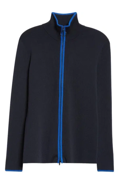Akris Punto Contrast Trim Virgin Merino Wool Zip Front Cardigan In Navy/royal