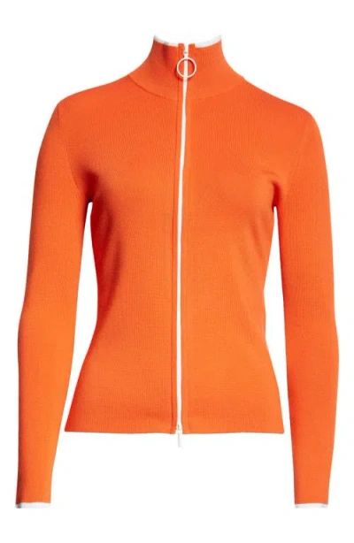 Akris Punto Contrast Trim Virgin Merino Wool Zip Front Cardigan In Orange/cream