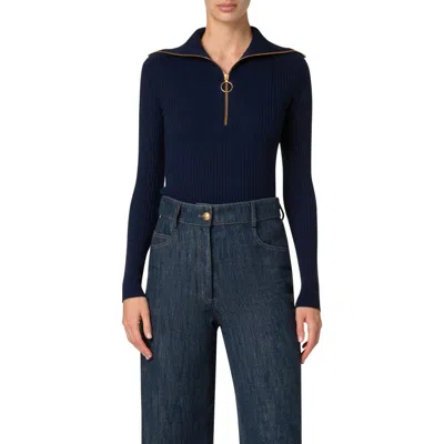 Akris Punto Convertible Collar Merino Wool Rib Sweater In Navy