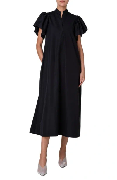 Akris Punto Mandarin-collar Flutter-sleeve Cotton Popeline Midi Dress In Black