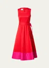 Akris Punto Cotton Poplin Colorblock Midi Dress With Belted Waist In Red-pink
