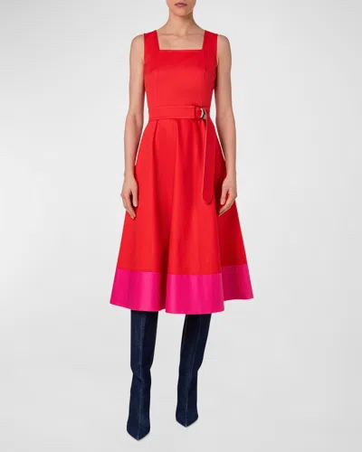 Akris Punto Cotton Poplin Colorblock Midi Dress With Belted Waist In Red-pink