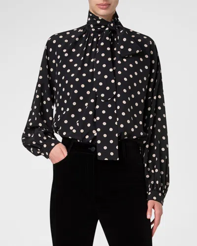 Akris Punto Crepe De Chine Dot Print Blouse With Tie Neck In Black-beige