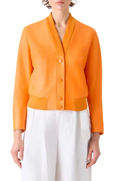 Akris Punto Crinkle Napa Leather Bomber Jacket In Orange