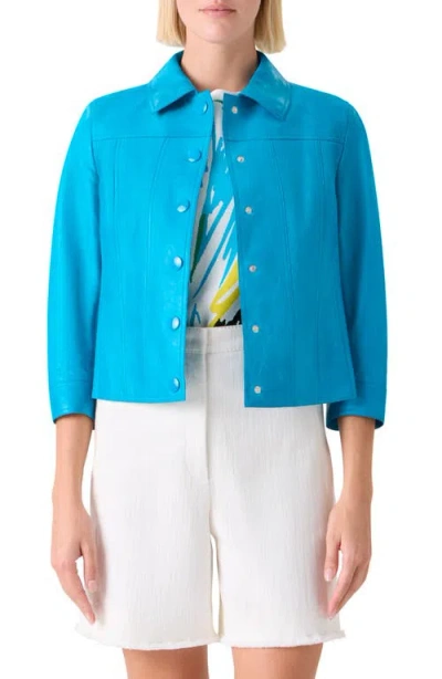 Akris Punto Crinkle Napa Leather Trucker Jacket In Blue