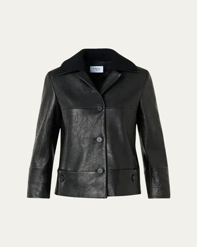 Akris Punto Crinkled Leather Jacket With Detachable Knit Collar In Black