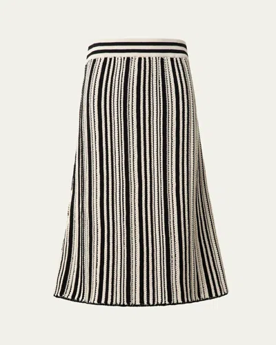 Akris Punto Crochet Knit Stripe Cotton Flared Midi Skirt In Black-cashew