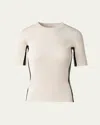 Akris Punto Crochet Stripe Rib Knit Short Sleeve Sweater In Cashew-black