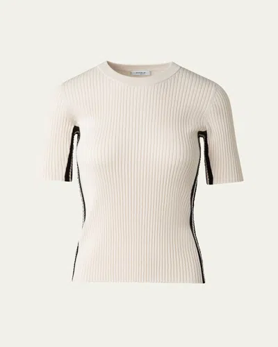 Akris Punto Crochet Stripe Rib Knit Short Sleeve Sweater In Cashew-black