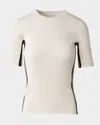Akris Punto Crochet Stripe Rib Knit Short Sleeve Sweater In Cashew-black