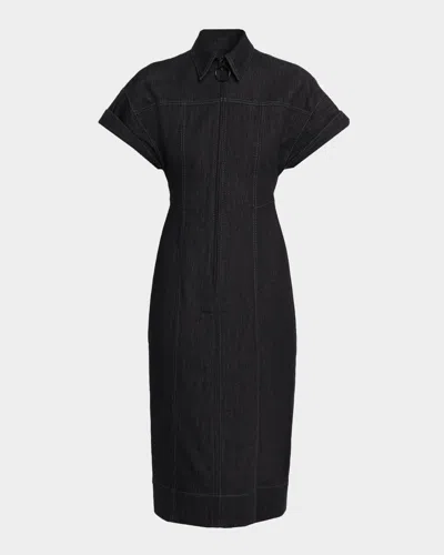 Akris Punto Denim Midi Dress With Polo Collar In Black