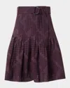 Akris Punto Diamond Eyelet Cotton Poplin Belted Flare Skirt In Purple