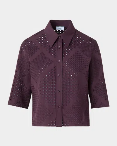 AKRIS PUNTO DIAMOND EYELET CROPPED COTTON POPLIN BLOUSE