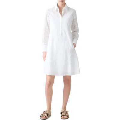 Akris Punto Diamond Eyelet Long Sleeve Cotton Poplin Shirtdress In White
