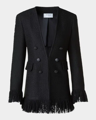 Akris Punto Double-breasted Illusion Boucle Tweed Fringed Jacket In Black