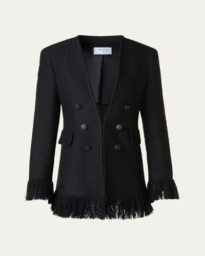 AKRIS PUNTO DOUBLE-BREASTED ILLUSION BOUCLE TWEED FRINGED JACKET