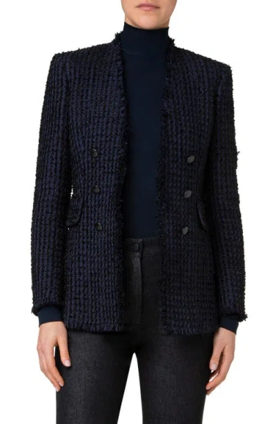 Akris Punto Double Breasted Open Front Tweed Jacket In Navy