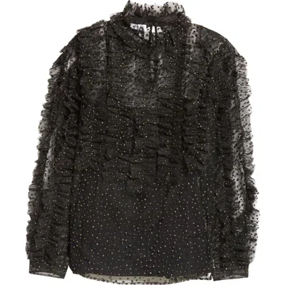 Akris Punto Embellished Sheer Ruffle Long Sleeve Tulle Top In Black-gold