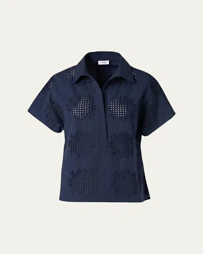 Akris Punto Eyelet Cotton Poplin Cap-sleeve Collared Blouse In Blue