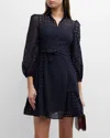 AKRIS PUNTO EYELET EMBROIDERY PATCHWORK COLLAR FIT-FLARE 3/4 SLEEVE DRESS IN NAVY