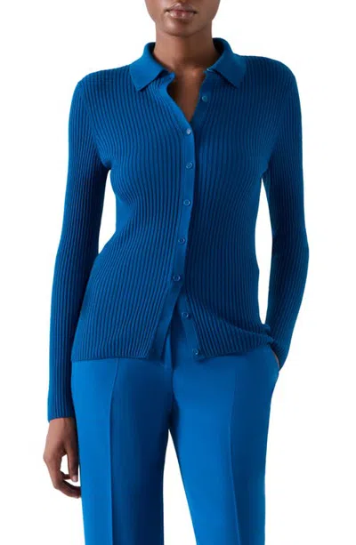 Akris Punto Fitted Virgin Merino Wool Rib Cardigan In Blue