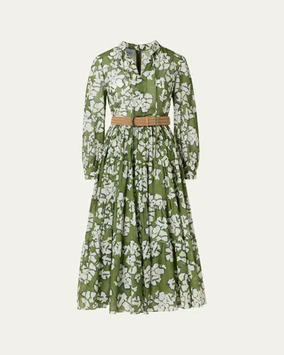 Akris Punto Floral Cotton Muslin Tiered Midi Shirtdress In Green