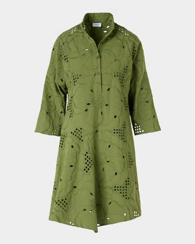 Akris Punto Floral Eyelet Embroidered Asymmetric Mini Shirtdress In Green