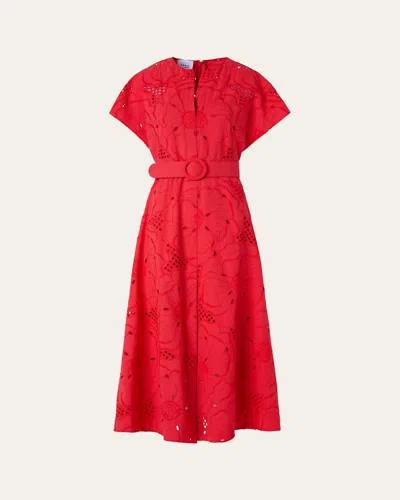 Akris Punto Floral Eyelet Embroidered Short-sleeve Belted Midi Dress In Red