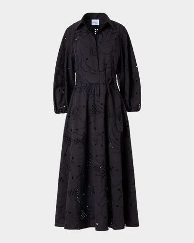 Akris Punto Flower Eyelet Embroidered Cotton Belted Balloon-sleeve Midi Shirtdress In Purple