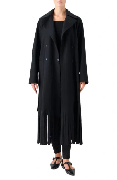 Akris Punto Fringe Hem Wool Blend Belted Coat In Black