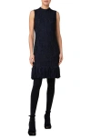 Akris Punto Chunky Tweed Sheath Dress With Fringed Hem In Navy