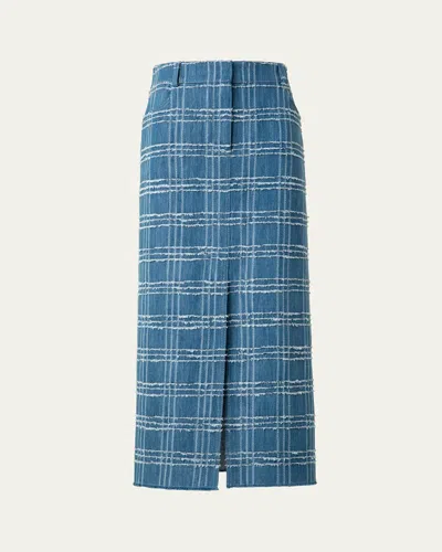 Akris Punto Fringed Check Denim Midi Skirt In Medium Blue Denim