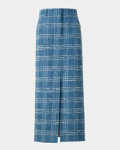 AKRIS PUNTO FRINGED CHECK DENIM MIDI SKIRT