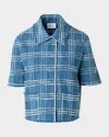 Akris Punto Fringed Check Denim Short-sleeve Shirt Jacket In Medium Blue Denim