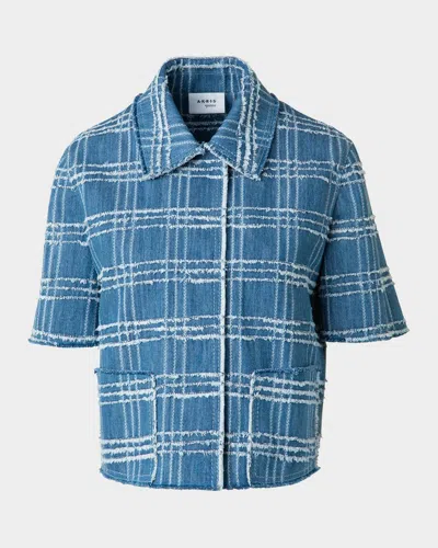 Akris Punto Fringed Check Denim Short-sleeve Shirt Jacket In Medium Blue Denim