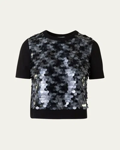 Akris Punto Front Sequined Short Sleeve Wool Sweater In Black