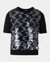 Akris Punto Front Sequined Short Sleeve Wool Sweater In Black