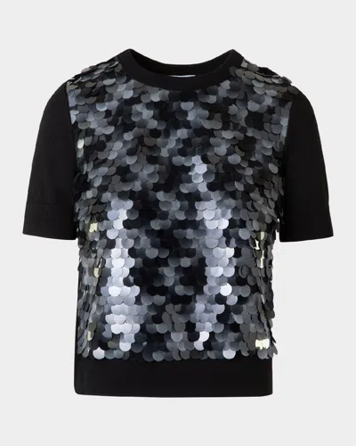 AKRIS PUNTO FRONT SEQUINED SHORT SLEEVE WOOL SWEATER