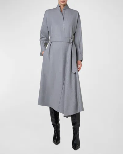 Akris Punto Half-circle Inset Belted Long-sleeve Midi Dress In Silver
