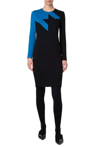 Akris Punto Houndstooth Detail Long Sleeve Jersey Dress In Black