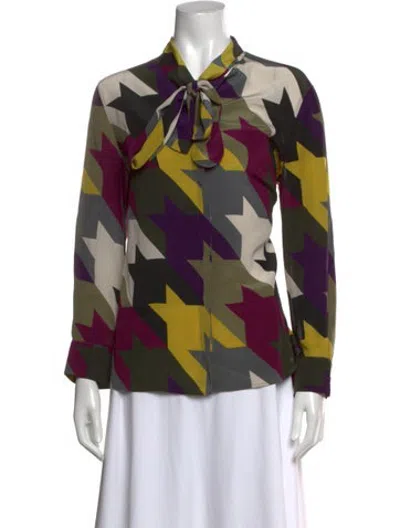 Pre-owned Akris Punto Houndstooth Print Tie Neck Blouse In Multicolor