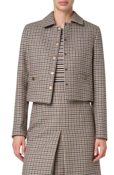 Akris Punto Houndstooth Shetland Wool Tweed Crop Jacket In Beige-cognac-black