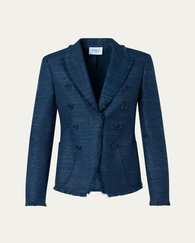 Akris Punto Indian Silk Fringed Double-breasted Blazer Jacket In Blue
