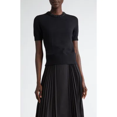 Akris Punto Jeweled Crewneck Short Sleeve Cashwool® Sweater In Black